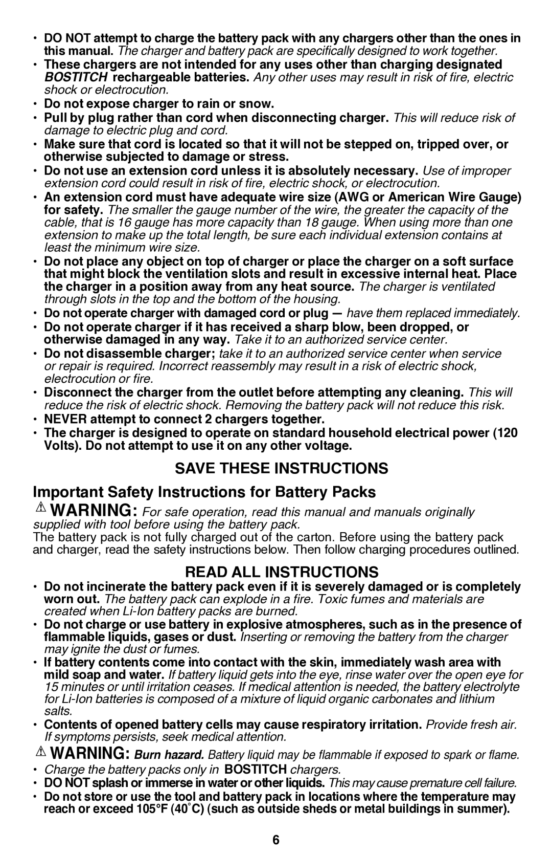 Bostitch BTC400LB instruction manual Important Safety Instructions for Battery Packs, READ ALL Instructions 